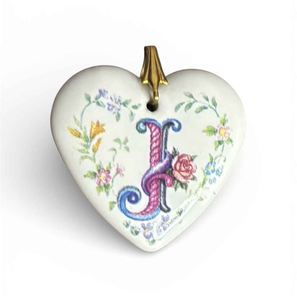 Vintage Avon Heart-Shaped Porcelain Necklace Pendant Floral Monogram Initial J